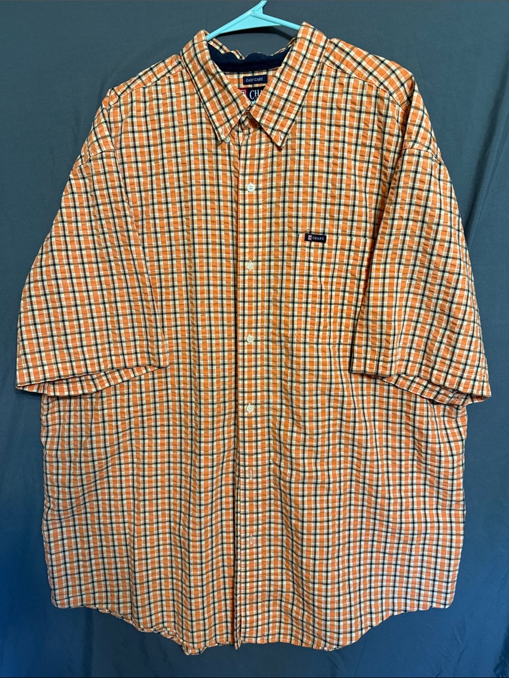 Chaps Orange and White Plaid Short-Sleeve Button-Down Shirt
